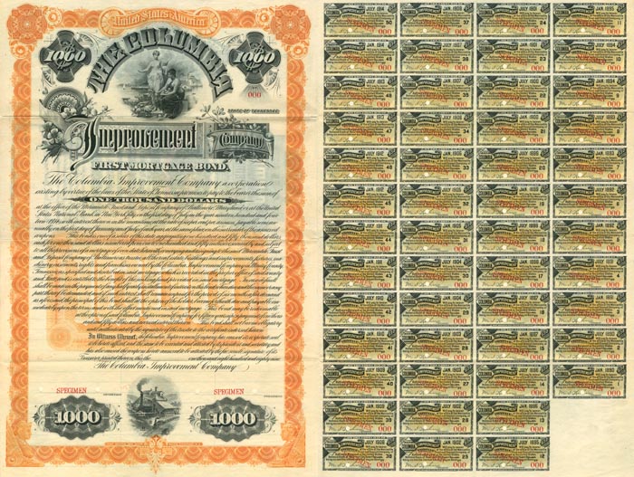 Columbia Improvement Co. - Gorgeous 1889 dated $1,000 Specimen Bond